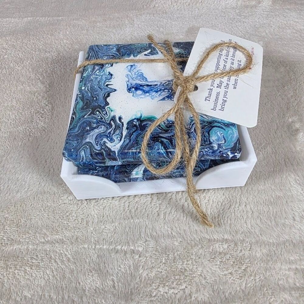 Original Pour Paint Set 4 Ceramic Coasters Hand Poured Wave Painting Blue White